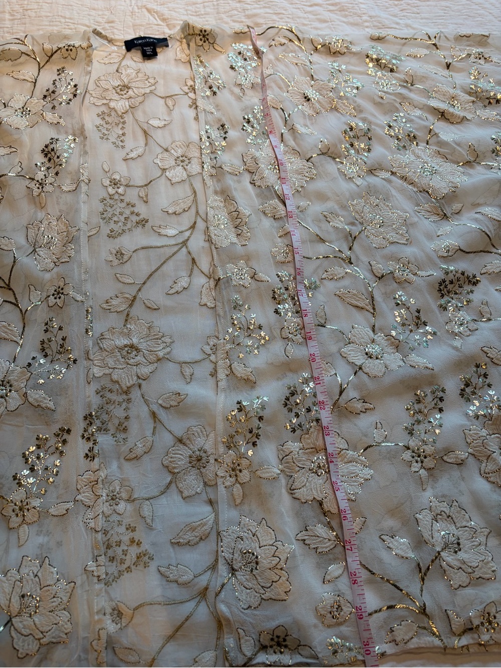 Karen Kane Sheer Floral Embroidered Open-Front Ivory and Gold Topper Jacket - Picture 7 of 11